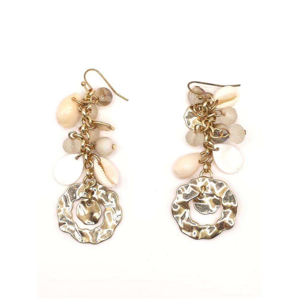 Bohemian Style Gold Tone Seashell & Bead Dangle Earrings - Picture 6 of 8
